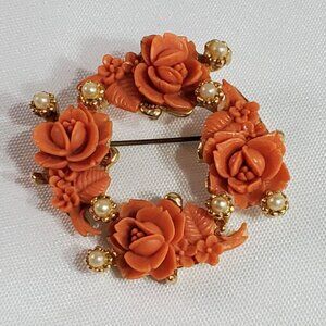 Vintage Coral Celluloid Rose & Pearl Circle Brooch Pin Gold Tone 2 inches